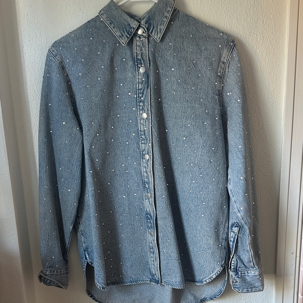 Universal Thread Denim Button-Down Shirt with Pearl Dots - Light Blue